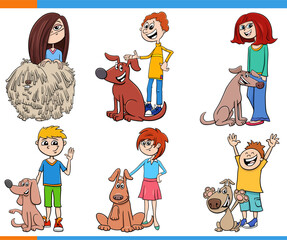 cartoon children and their dogs and puppies characters set