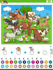 counting and adding activity with cartoon farm animals