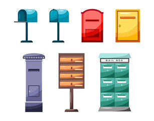 Post mail boxes set. Letter boxes for communication, mailing. Mail newsletter package delivery