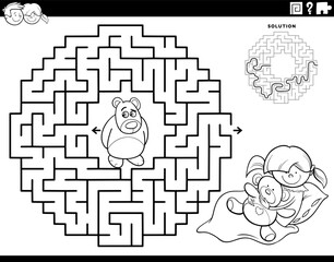 maze game with cartoon little girl and teddy bear coloring page