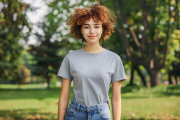 Fototapeta premium Stylish T-Shirt Mockup on Young Woman
