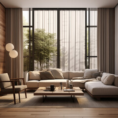 Living area in modern contemporary style interior design with wooden window frame and sheer with grey furniture tone 3d rendering HD stock photo