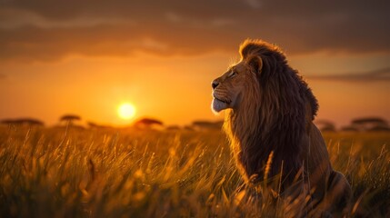   A lion sits in a field as the sun sets, casting a warm golden glow; clouds dot the evening sky