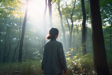 女, 女性, 佇む女性, 後ろ姿, 森, 自然, 森の中, 木漏れ日, woman, female, woman standing, back view, forest, nature, woodland, sunlight through trees
