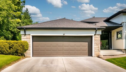 A Contemporary Residential Home Featuring a Sectional Garage Door in the Forefront, Set Within a...