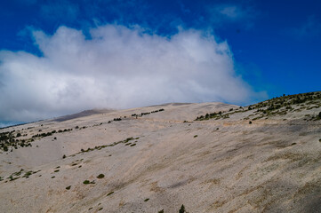 Scenic view of the top of Mount Ventoux surrounded by mystical fog in Provence region of southern...