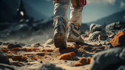 Gros plan du pied d'un astronaute marchant sur une planète. Combinaison spatiale détaillée et chaussures représentées