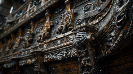 Close-up of the intricate designs on a traditional carved wooden door