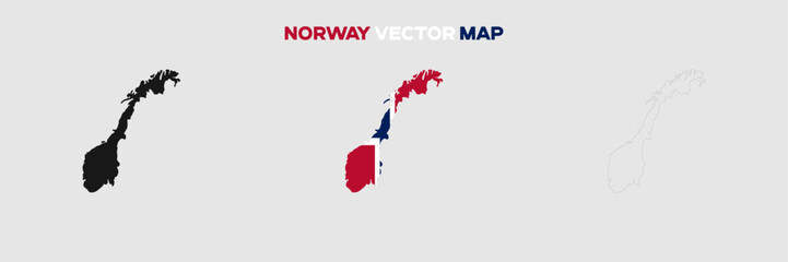 Norway Map Vector Pack. Map with Flag. Gray Map Silhouette. Gray Outline Map. Editable EPS file. 