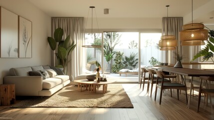 Fototapeta premium minimalist living room interior design with light muted natural color palette