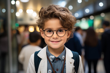 Portrait d'un mignon petit garçon portant des lunettes dans un magasin - obrazy, fototapety, plakaty