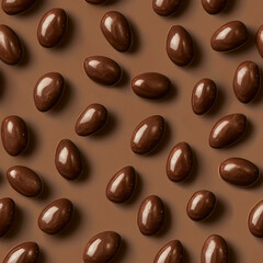 A seamless pattern of chocolate-covered almonds on a brown background.