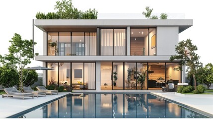 3D rendering of a modern, luxurious house featuring a pool, presented in an isolated setting against a white backdrop.