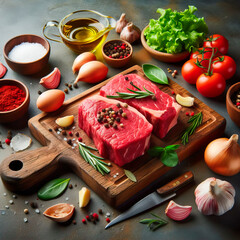 fresh raw steak meat on wooden board with rosemary and spices elegantly decorated