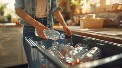 Fototapeta premium Woman Sorting Plastic Bottles for Recycling in Kitchen. Generative ai.