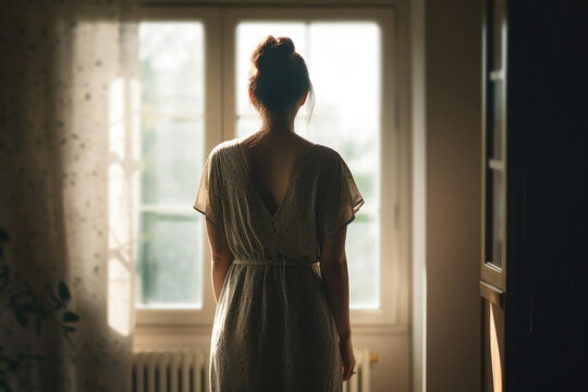 女, 女性, 家, 室内, 窓, 窓際, 佇む女性, 後ろ姿, 外を眺める女性, Woman, female, house, indoor, window, window sill, woman standing, back view, woman looking out