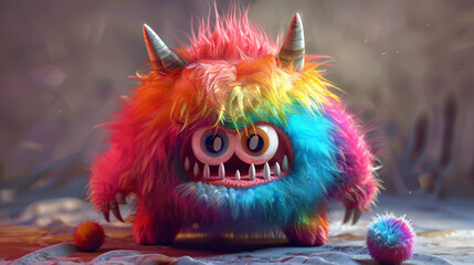 Multi-coloured gradient fluffy furry funny 3D monster