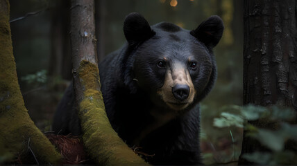 Close-Up Encounter: Black Bear Gazing into Camera in Woods, Generative AI