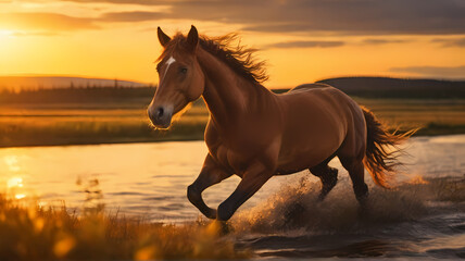 Obraz na płótnie Canvas Majestic Brown Horse Galloping Through River at Sunset, Generative AI