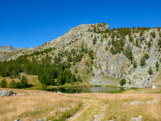 Hiking trail to Lac des Grenouilles in Valley of Marble and Vallon de Fontanalba, Mercantour...