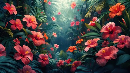 amazing tropical floral background illustration with a vintage style painting, amazing deep greens and contrasting ruddy flowers
