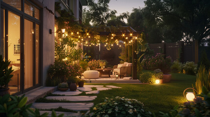 Cozy summer evening with festive lights, modern house patio party illuminated with various outdoor lights, twinkling lights illuminate warm yellow color, suburban house creating magical ambiance