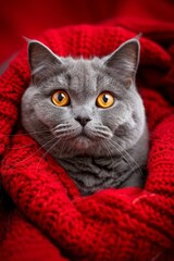 Gray Cat Wrapped in Red Blanket