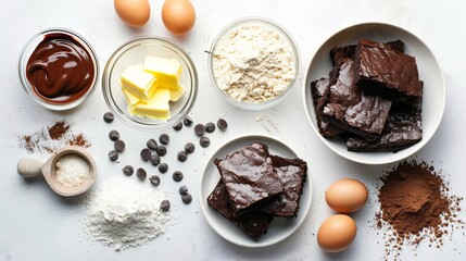 A bowl containing butter and ingredients for preparing chocolate brownies, set against a white...