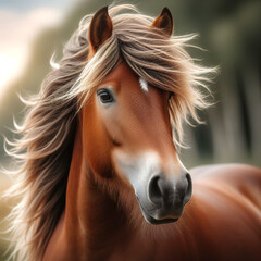 Brown horse with a big mane on the background of the forest, portrait