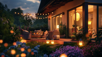 Cozy summer evening with festive lights, modern house patio party illuminated with various outdoor lights, twinkling lights illuminate warm yellow color, suburban house creating magical ambiance