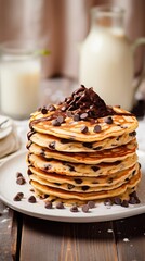 stack of pancakes with choco chips with milk