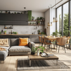 modern living room, Modern Living Room Interior With Sofa, Armchair, Houseplants, Dining Table And Open Plan Kitchen stock photo
