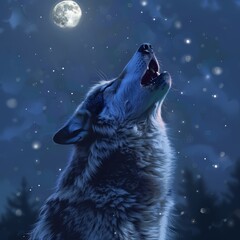   A wolf gazes at the moon with its mouth agape