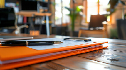 Contemporary modern office room, close up view of a document paper and pen on office desk, luxury leather chairs and green household plants in background, ready for a high profile client