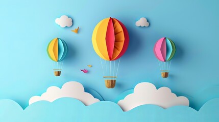 A colorful hot air balloon and cloud crafted in origami style, combining paper art with digital craft techniques.