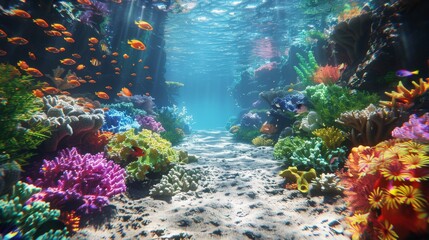 A colorful underwater scene with a path of coral and fish