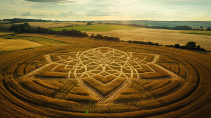 Fototapeta na wymiar An aerial view of a complex crop circle design amidst a golden wheat field capturing the mysterious and alluring artistry