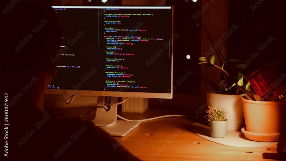 Canvas Prints a young man programmer coding on a laptop in the dark with a view of the lights of the night city, c