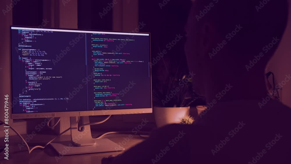 Canvas Prints a young man programmer coding on a laptop in the dark with a view of the lights of the night city, c
