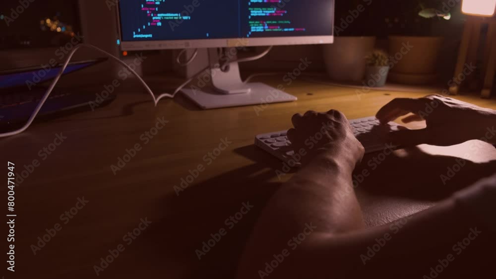 Wall mural a young man programmer coding on a laptop in the dark with a view of the lights of the night city, c