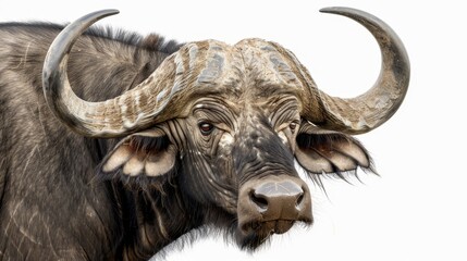   A bull's close-up head with large, prominent horns against a white backdrop
