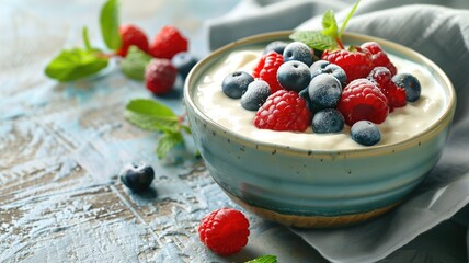 Bowl of yogurt with fresh berries.