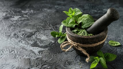 Fresh mint leaves and mortar and pestle.