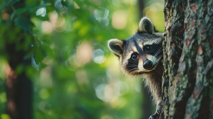 Obraz premium Curious raccoon peeking from behind a tree in the forest.