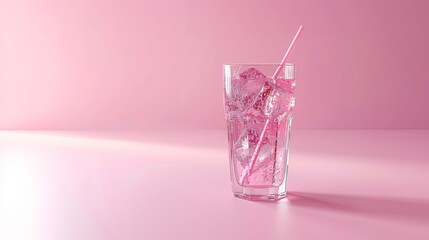 A drink in a glass with ice and a straw on a pink background, offering space for text, rendered in 3D.