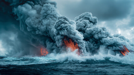 An intense display of nature's power as a volcano erupts, spewing ash and smoke into a turbulent sky over the ocean
