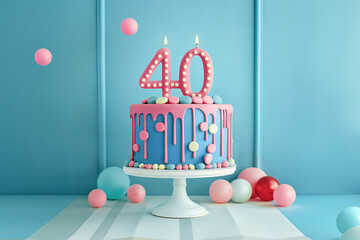 40th birthday cake celebrating 40 years on an isolated, colorful pastel background.