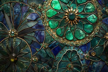 A mosaic of emerald and sapphire jewels creating a regal, textured tapestry