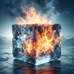 Ice in the form of a cube burns with a bright fire