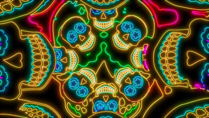 Seamless animation of crazy skulls with neon effect. Funny Halloween background with fluorescent effect for parties and events. - Powered by Adobe